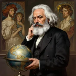 Karl Marx pondering his orb, highly detailed, digital painting, artstation, concept art, smooth, sharp focus, illustration, art by todd lockwood and magalie villeneuve and alan lee and artgerm and greg rutkowski and alphonse mucha