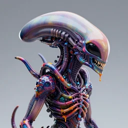 a beautiful intricate 3D render of colorful acrylic paint dripping down the head of an alien xenomorph, perfection!, studio lighting, 50mm lens, 3d render, octane render, deep depth of field, artstationHQ, 8K