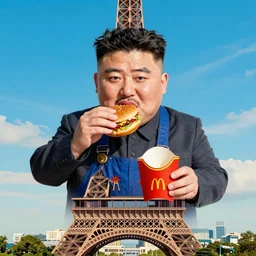 beautiful portrait of kim jong un and mario eating mcdonalds hamburgers on top of the eiffel tower, modern art, concept art,
