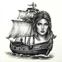 A beautiful pirate boat next to the face of a warrior woman , realism tattoo drawing, hyper realistic, shaded