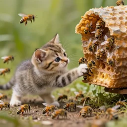 photorealistic kitten fighting a swarm of bees. bee hive hyperdetailed photorealism