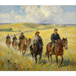 oil painting of mormon pioneers crossing the plains, painting by renoir and yong sung kim, masterpiece, stylized