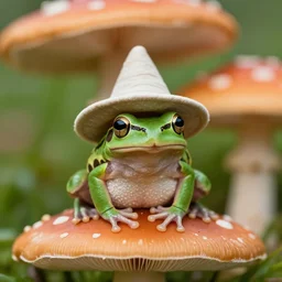a tiny frog sitting on a mushroom wearing a hat, professional closeup photo