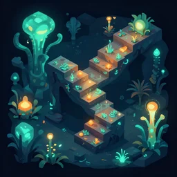 concept 2 d game asset, isometric staircase blocks, organic isometric design, bioluminescent alien - like plants inspired by the james cameron's avatar's alien nature. we can see alien plants glowing in the dark arround the isometric itens in dark place cyan, orange smooth glow dodge photoshop filter low poly behance hd