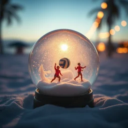 snow globe beach volleyball scene inside, depth of field, bokeh