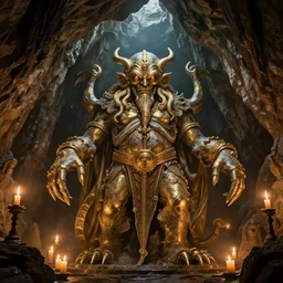 a beautiful hyper realistic detailed matte painting of the interior of a cavern with a gold - trimmed statue of cthulhu in the center, dramatic lighting, dynamic lighting, cinematic lighting, lit by candlelight, by john howe and andreas rocha, unreal engine, featured on artstation, featured on behance, ultrawide angle, f 8 : 1 0