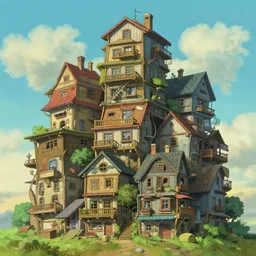 stacked houses, solarpunk, studio ghibli, jean - baptiste monge, octane render, 4 k