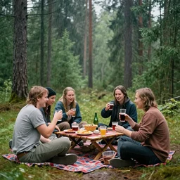 swedish picnic, group of friends, forest, daytime, rain, funny, drinks, cinematic, movement, dramatic, by herbert james harper, bright colors, film grain, glow, volumetric lighting, concept art, 4 k, detailed