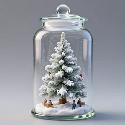high intricate glimmering glass jar containing a snow covered christmas tree inside, 3 d sculpture, maria panfilova, andrea savchenko, mike kime, ludovic plouffe, qi sheng luo, oliver cook, david noren, trending on artstation