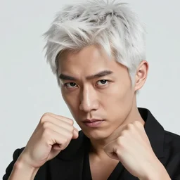 Portrait of a man by Greg Rutkowski, he is about 30 years old, mxiture between japanese and russian, white hair, sinister attitude, punchable face, he is wearing a futuristic hitman outfit, highly detailed portrait, scifi, digital painting, artstation, concept art, smooth, sharp foccus ilustration, Artstation HQ