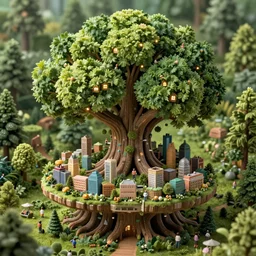 a miniature city built into the trunk of a single colossal tree in the forest, with tiny people, lit windows, close - up, low angle, wide angle, awe - inspiring, highly detailed digital art