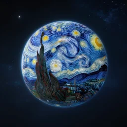 3d render of a multiversal supernatural entity shaped planet flying through interstellar space depicted by vincent van gogh