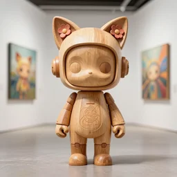 8 k octan, advertising, highly detailed, photo, a totally wooden figurine collectible art toys wooden on feet, very cute android zen with and flowers cat ears, cyberpunk a contemporary art gallery, symetrical, masterpiece, nofinito, design,