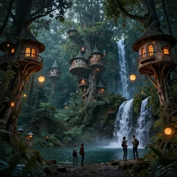 treehouses from gaudi in a deep mystical forest, floating chinese lampoons, lake, waterfall, tall people walking and discussing, dynamic lighting, art by peter mohrbacher on artstation, mix with rivendell architecture, night mood
