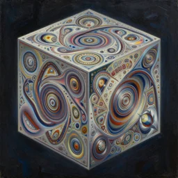 cinematic view of a dmt hyper cube filled with intricate and perfect patterns, moebius, alex grey, android jones, oil on canvas, masterpiece, trending on artstation, featured on pixiv, cinematic composition, sharp, details, hyper - detailed, hd, hdr, 4 k, 8 k