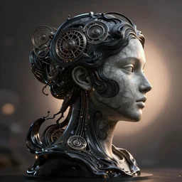epic illustration, digital abstract sculpture of beautiful female face silhouette and black swirling liquifying concrete acrylic portrait, black latex sculpt, octane render, mechanical superstructure, sacred geometry, glowing edges, magic hour, beautiful light, sculpture of carving marble, dark colors, dark mood, one point light, spirals, clockwork, epic matte painting, concept art, bokeh, digital painting, artstation