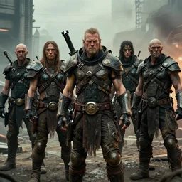 cinematic shot of a scifi post apocalyptic orcish biker gang, group photo by michael whelan art, sharp focus, highly detailed