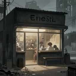 a quiet quiet quiet shop in the cyberpunk anime film, Shichiro Kobayashi, screenshot in the anime series ergo proxy and Detroit metal city, hazy and dreary