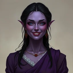 a purple skin peaceful woman tiefling, smiling, dark hair, chaste clothes, symmetrical! portrait by rossdraws and daniel docciu and dave dorman