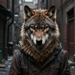 hyperrealistic, Portrait of a werewolf in a dark alley, torn clothing, fantasy, urban, highly detailed, cinematic lighting, digital art painting by greg rutkowski