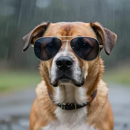 a dog wearing aviator sunglasses with windshield wipers in the rain by greg rutkowski, digital art, ultra realistic, ultra detailed, photorealistic, 4k, character concept