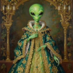 the royal green alien by greg hildebrant lisa frank fancy rococo baroque regal oil painting high quality award winning clothed in fancy garb