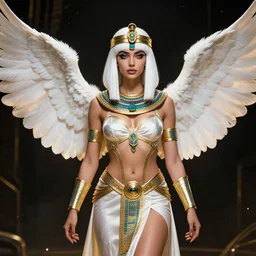 attractive white haired egyptian queen wearing white dove wings, warframe armor, regal, attractive, ornate, sultry, sexy, benevolent, elize theron, pretty face, green eyes, scifi platform, 4 k, ultra realistic, epic lighting, illuminated, cinematic, black gold, art by akihito tsukushi, voidstar, artgerm