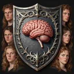 heraldry crest of a brain on fantastical shield, d & d, fantasy, portrait, highly detailed, digital painting, trending on artstation, concept art, sharp focus, illustration, art by artgerm and kenneth noland and greg rutkowski and magali villeneuve