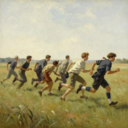 a group of men running across a field, a matte painting by anton mauve, featured on cgsociety, remodernism, matte painting, # vfxfriday, matte drawing