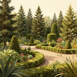 Beautiful artwork garden of the future, overgrown with fir trees and plants, hedges, Topiary plants, Nice colour scheme, warm colour. Beautiful artistic digital artwork by artist Lurid. (2022), Gediminas Pranckevicius