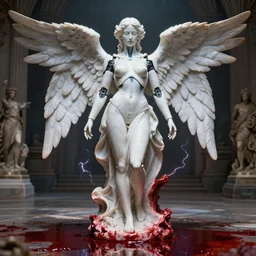 puddles of blood, a statue made of white marble covered in blood, of an gorgeous futuristic cybernetic angel girl, prostheses, transhumanism, full body shot, perfect symmetrical body, perfect symmetrical face, hyper realistic, hyper detailed, by johannen voss, by peter kemp, by monia merlo, by michelangelo, octane render, volumetric lightning