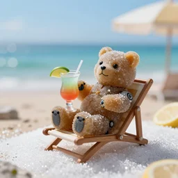 5 5 mm macro photo of an lifesize hybrid robot gummi bear, reclining on a chaise and drinking a mai tai, on a gentle hill of white sugar. at the beach. dof. bokeh. by chris foss. sharp focus, highly detailed 8 k. superior quality. lifelike. magical lighting.
