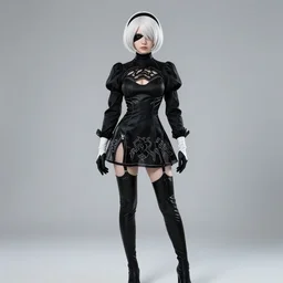 a fullbody portrait of a 2 from nier automata, short white hair : : in a black latex catsuit, long sleeves, turtleneck : : cosplay, photgraphy, studio photography, real lighting, realistic, hd : :