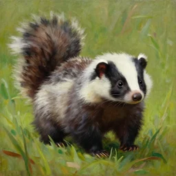 oil painting, littlest pet shop fuzzy skunk in field, close up, noel coypel, emile eisman - semenowsky, edouard bisson