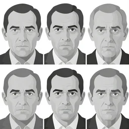 a triptych of extreme close up monochromatic vector based illustration of a very ordinary very old man with a angry expression, wrinkles, no gradients, pure black ink on white background, smooth curves, vector spline curve style, award winning, stunning, trending on art station, highly detailed