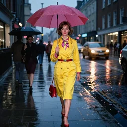 1960s fashion photography on the streets of London photographed by Annie Leibovitz, flash photography, holga, raining!, nighttime, colorful, photorealistic, atmospheric,