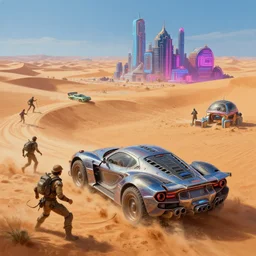landscape beautiful detailed 3 d painting of cinematic movie scene, voltes v build up in sahara dessert. action sequence, created by gustave dore and greg rutkowski, high detailed, smooth draw, synthwave neon retrofuturism, intricate, realistic proportions, dramatic lighting, trending on artstation.