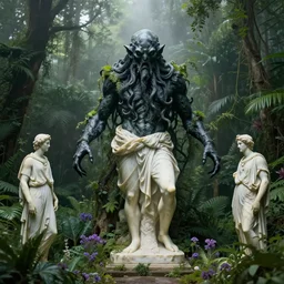 a classical greek marble statue of an eldritch cthulhu in a lush dense verdant garden by albert bierstadt and mark arian and ferdinand knab, horror, lovecraftian, mist, hyperrealism, volumetric lighting, god rays, ultrafine details, sfumato, purple flowers, overgrown, black marble statue