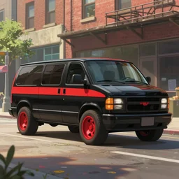 a wholesome animation key shot of one!! focused, custom black 1 9 7 9 gmc van with red stripe on side, big red alloys, in chicago street, medium shot, studio ghibli, disney animation, sharp, very detailed, high resolution, rendered in unreal engine 5, anime key art by greg rutkowski, bloom, dramatic lighting