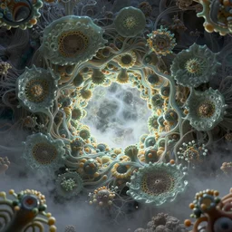 mycelium growing into a portal of truth, 3 d render in octane, glossy, fractals, beautiful lighting, fog, depth, ernst haeckel