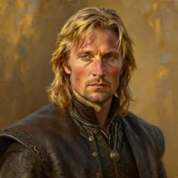 Mads Mikkelsen as Aragorn by Alan Lee, medium shot, very detailed eyes, golden hour, concept art, detailed clothing, art station, oil painting