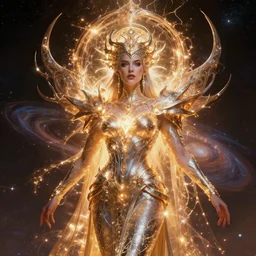 portrait of the powerful queen of the solar system in the style of anna dittmann and in the style of wayne barlowe. glowing, ornate and intricate, stunning, dynamic lighting, intricate and organic.
