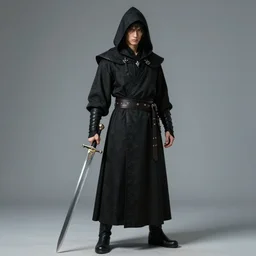 a realistic full body of Konnor, a dragonblood, a black hood with black robes, holding a sword, extremely realistic and detailed,