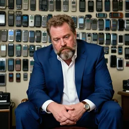 dslr photo still of infowars host alex jones in a blue suit fat beard and mustache sitting depressed in a room filled to the ceiling with cell phones, 5 2 mm f 5. 6