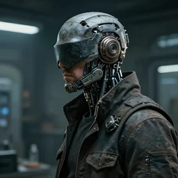 a masked rugged laboratory engineer man with cybernetic enhancements as seen from a distance, scifi character portrait by greg rutkowski, craig mullins, daytoner, 1 / 4 headshot, cinematic lighting, dystopian scifi gear, gloomy, profile picture, mechanical, cyborg, half robot, implants, dieselpunk, hyper detail
