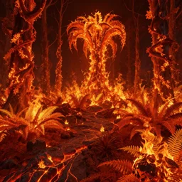 a flaming forest, flaming leaves, magma, flame stones are scattered, flame ferns, flame shrubs, huge flame fantasy plant, covered in flame porcelain vine, artstation, by jakub rozalski, greg rutkowski, anthony avon
