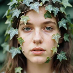 realistic photo of a a blurred face of a girl, covered in iridescent semi translucent ivy vines 1 9 6 0, life magazine photo, natural colors, metropolitan museum, kodak, 8 k, very detailed, high resolution, product photo,