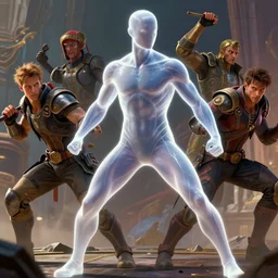 translucent realistic slim muscular light armor suit tight clothes superhero in battle, fantasy digital art, vivid color style artstation, style greg rutkowski and frank frazetta and mucha and richard corben, octane render, unreal engine 6, epic game graphics, fantasy, conceptual art, ray tracing
