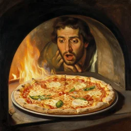 pizza coming out of oven to shame mankind, 1 8 9 6 painting by jean - leon gerome, oil on canvas