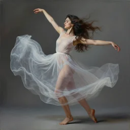 painting of a beautiful woman with her translucent dress blowing in the wind, modern dancing, highly detailed, by josan gonzalez, surreal, dramatic lighting
